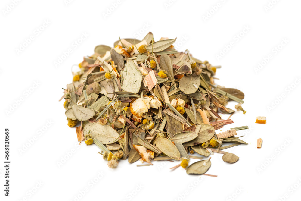 chamomile mixes with lemongrass, orange and hibiscus herbal tea, over white chamomile mixes with lemongrass, orange and hibiscus herbal tea, over white