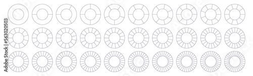 Fractions pie divided for math. Circle pie with pieces. Segment slice set. Simple geometry. Vector isolated illustration