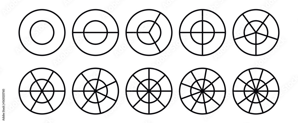 Fractions pie divided for math. Circle pie with pieces. Segment slice set. Simple geometry. Vector isolated illustration Fractions pie divided for math. Circle pie with pieces. Segment slice set. Simple geometry. Vector isolated illustration