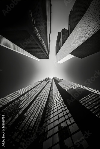 Bottom view at skyscrapers intersection in black and white , ai generated