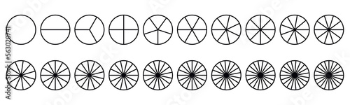 Fractions pie divided for math. Circle pie with pieces. Segment slice set. Simple geometry. Vector isolated illustration