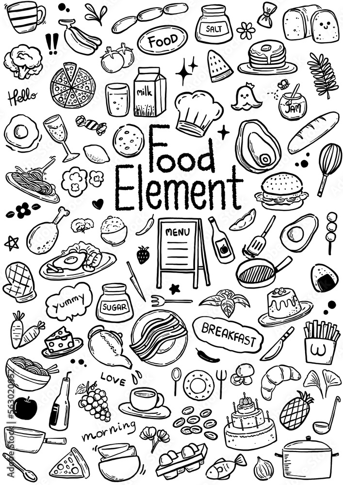 Food element, doodle hand drawing food set