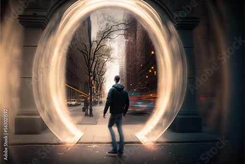 Man inside teleport cabin while teleporting in lights rays illustration generative ai