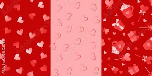 Set of patterns in red white and pink colors. Three vector patterns put on Valentine’s Day. Backgrounds on February 14.
