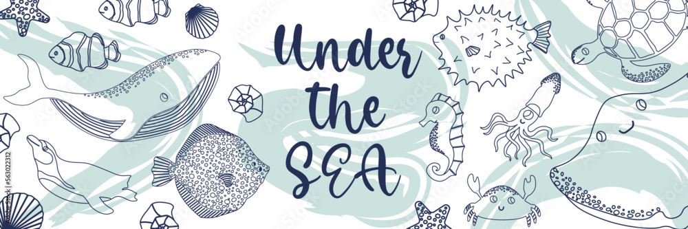 Vector ocean illustration with whale,penguin,fish,squid,seahorse,devilfish. Under the sea - modern lettering.Underwater marine animals.Ecology design for banner,flyer,postcard, website,t-shirt,poster Vector ocean illustration with whale,penguin,fish,squid,seahorse,devilfish. Under the sea - modern lettering.Underwater marine animals.Ecology design for banner,flyer,postcard, website,t-shirt,poster