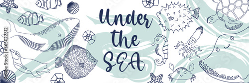 Vector ocean illustration with whale,penguin,fish,squid,seahorse,devilfish. Under the sea - modern lettering.Underwater marine animals.Ecology design for banner,flyer,postcard, website,t-shirt,poster