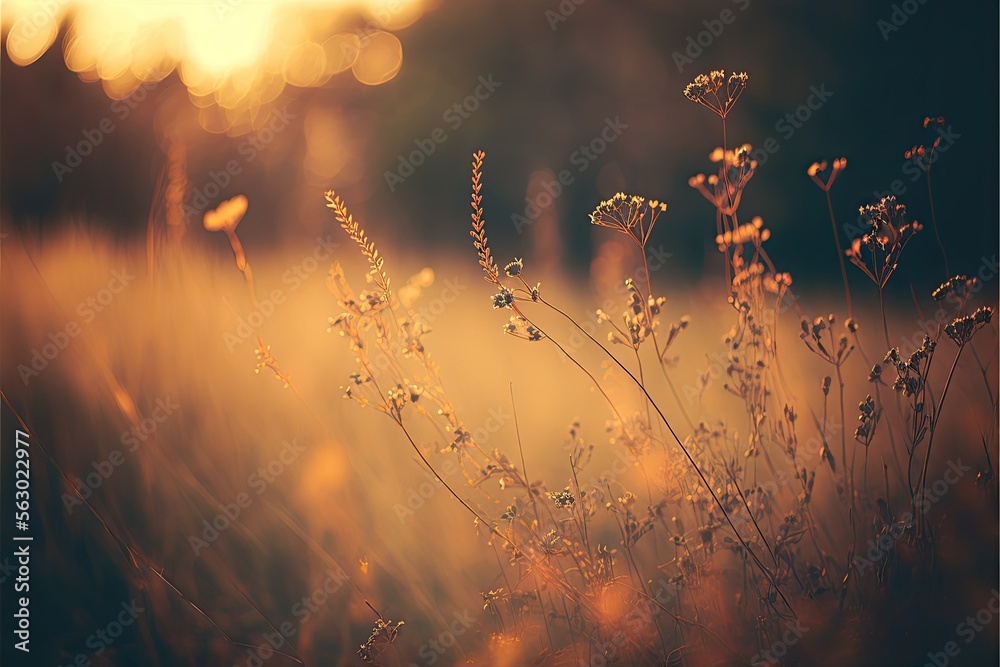 Wild grass in the forest at sunset , ai generated