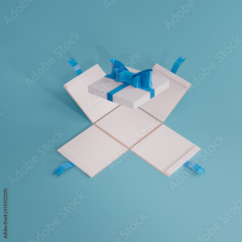 White giftbox with a blue ribbon and bow on blue studio floor. Digitally rendered merchandise advertising template. For newborn boy.