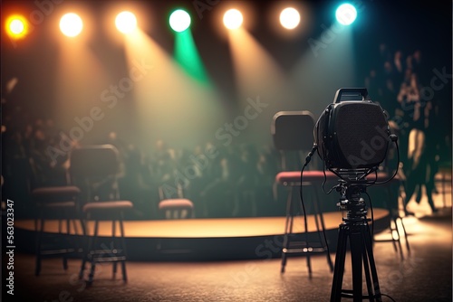 Empty stage with chairs and spotlight background.