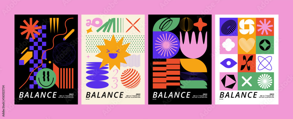 Vector set posters or prints with geometric shapes. Brutalist design, futuristic composition.