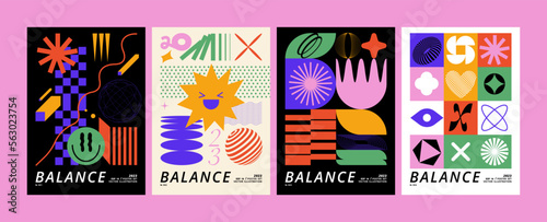 Vector set posters or prints with geometric shapes. Brutalist design, futuristic composition.