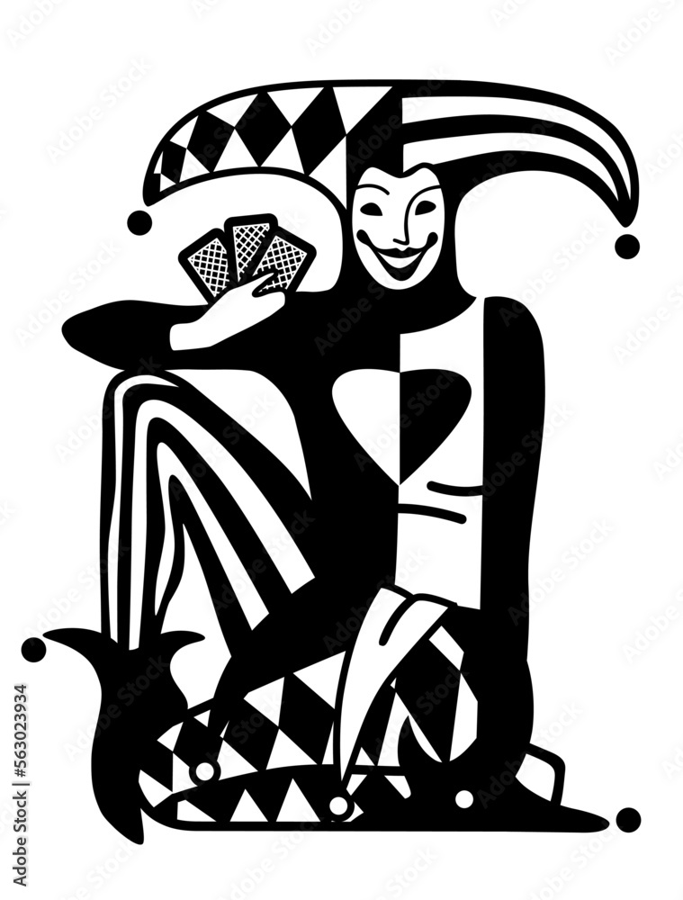 Smiling Joker in black and white engraving drawing style with playing cards isolated on white
