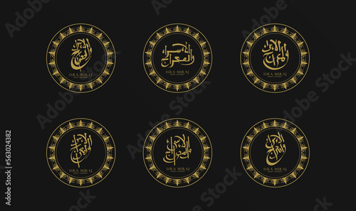 Set arabic calligraphy of isra miraj design vector template with luxury golden color