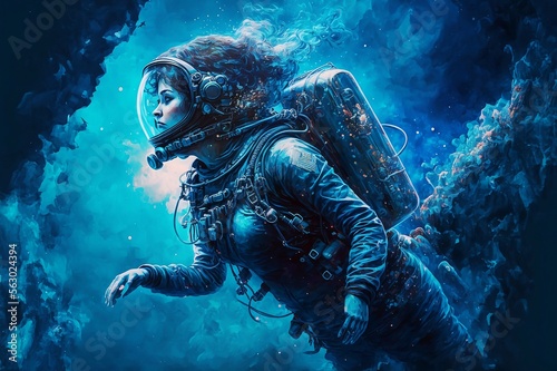 Fototapeta Astronaut woman diving in space underwater