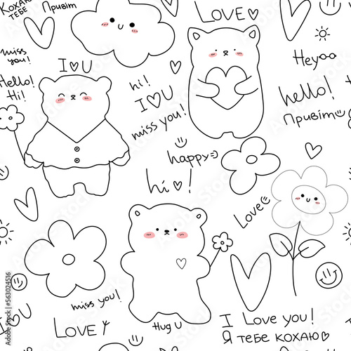 Cute animal with hearts, flowers, smiles, hand drawn words of love. Set. Seamless pattern. hand drawn vector illustration. 