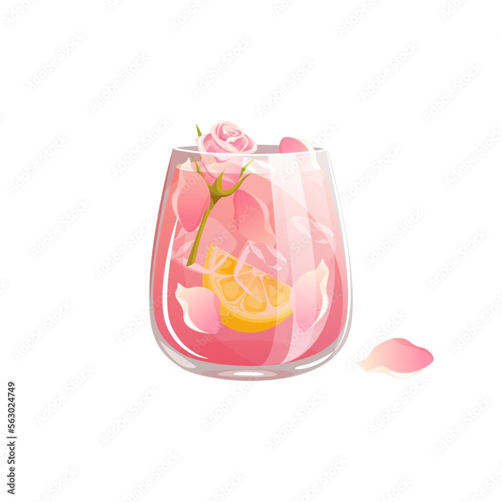 Cocktail with rose and lemon.Refreshing drink, lemonade, rose water with rose petals and a slice of lemon.Vector illustration.