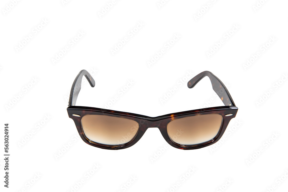 Sunglasses with tinted thick square horn frame, matte tinted lenses and thick rimmed sunglasses isolated on white background. Side view. Sunglasses with tinted thick square horn frame, matte tinted lenses and thick rimmed sunglasses isolated on white background. Side view.