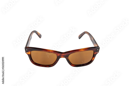 Sunglasses with tinted thick square horn frame, matte tinted lenses and thick rimmed sunglasses isolated on white background. Side view.