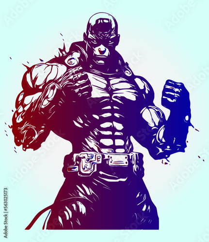 Vector illustration, strict coach bodybuilding and fitness, cyborg man