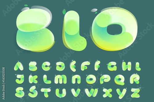 Eco alphabet with green gradient and leaves in Glassmorphism style.