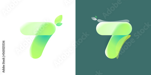 Number seven eco logo with green gradient and leaf in Glassmorphism style.