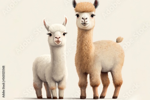 Set of cute lama characters illustration on white background. Alpaca illustration. Wildlife of Peru, south america. Generative AI. photo