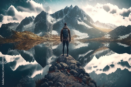 A beautiful mountain landscape, a lake in the mountains, a silhouette of a man on the edge of a mountain. AI © Terablete