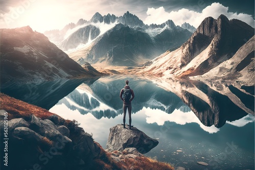 A beautiful mountain landscape, a lake in the mountains, a silhouette of a man on the edge of a mountain. AI