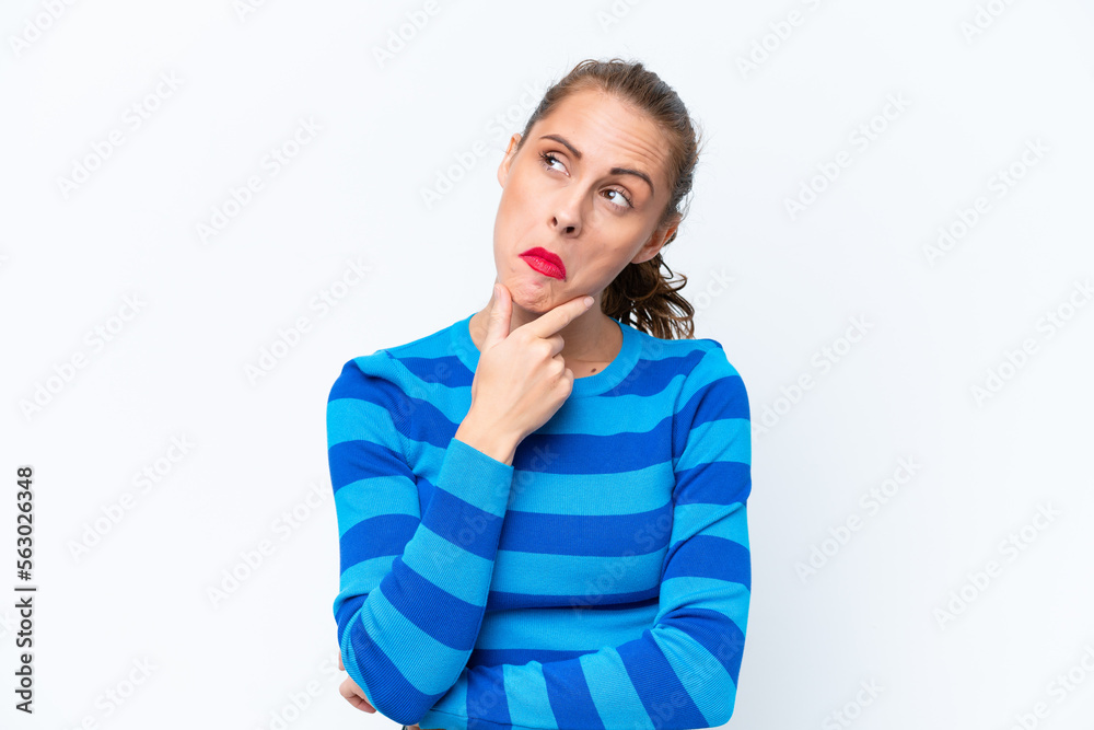 Young caucasian woman isolated on white background having doubts Young caucasian woman isolated on white background having doubts
