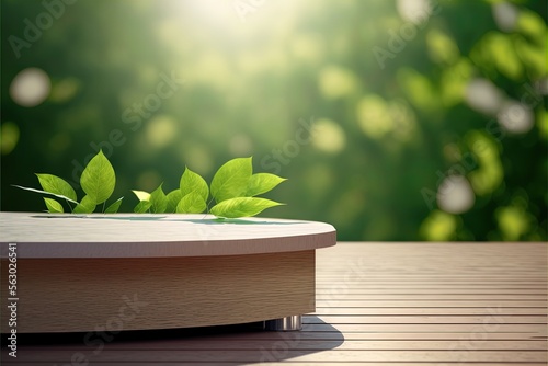 Empty minimalistic podium on blurred green plants leaves background on wooden table. background for your product placement. Organic Product presentation stage