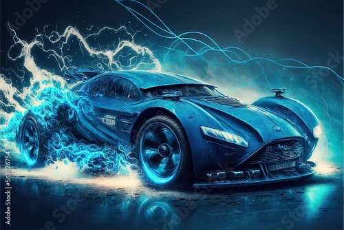 Futuristic modern cyberpunk car. Neon background. AI © Terablete