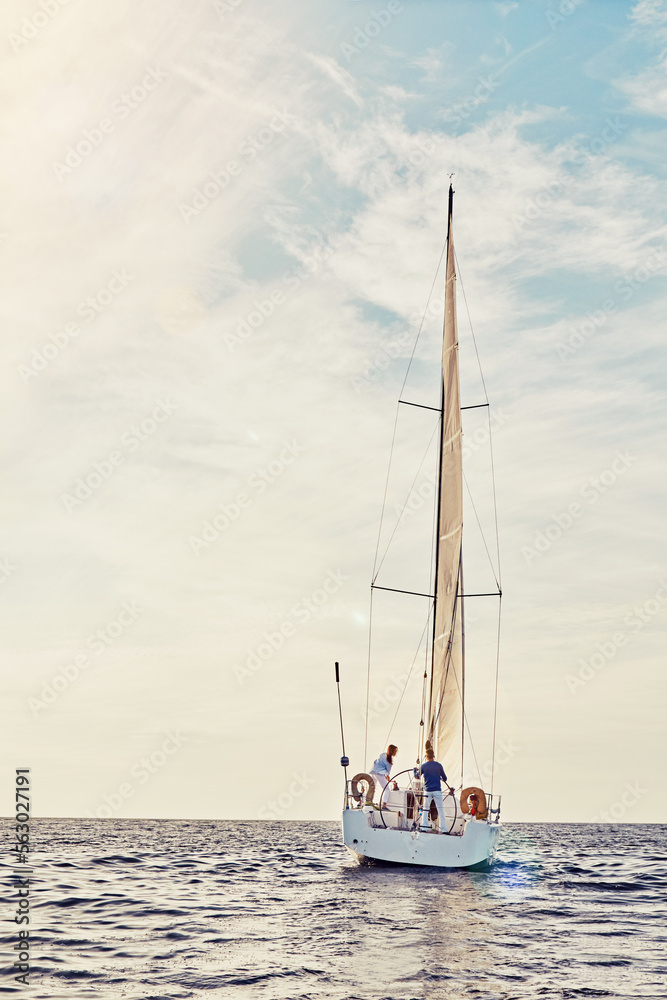 Obraz premium Couple, retirement or luxury sailing yacht on ocean, sea or water vacation holiday, hobby break or Greece summer. Man, woman or people on investment boat in success travel location for nature freedom