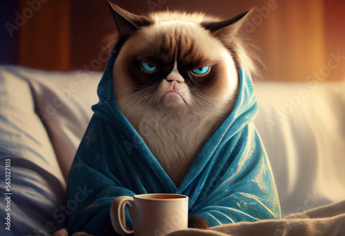 Fototapeta Portrait von einer schlechtgelaunten Katze mit Bademantel und einer Tasse Kaffee am Morgen