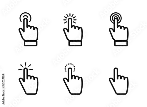 Set of hand pointer icon. Clicking hand poiner. Computer mouse click cursor. Clicking finger. Click cursor collection. Hand pointer icon. Touch icon. Vector photo