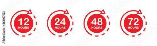 12, 24, 48, 72 hours clock. Set of arrows clock and time icons. Delivery service time.