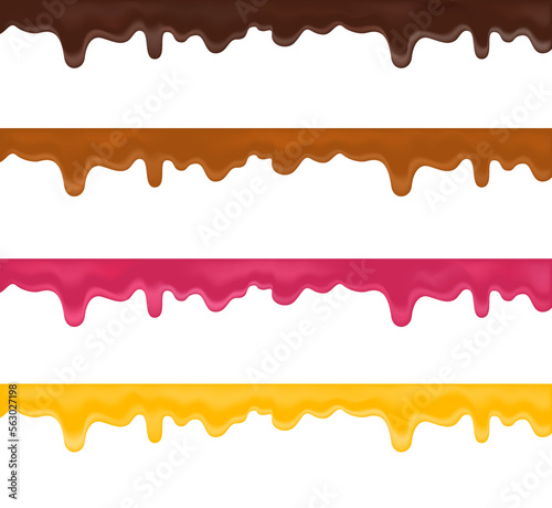 Dripping delicious melted sauce. Flowing chocolate  caramel  honey and jam. For use for any design. Vector