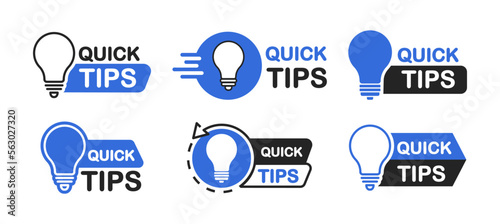 Quick tips icon set. Quick tips logo with light bulb. Helpful and top tips badges. Vector