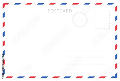 Vintage postcard vector template. Blank travel postcard. Post card frame. Retro mail envelope with stamp.
