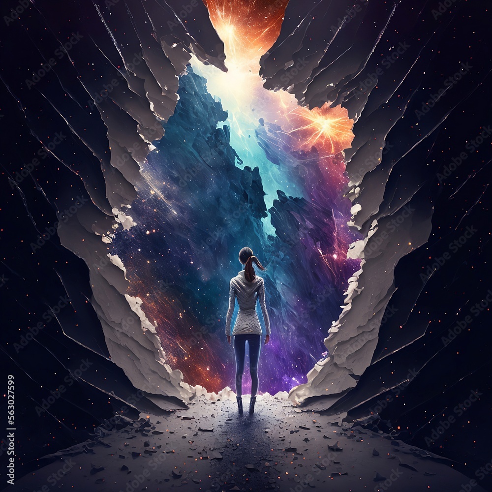 Young Woman Standing In the Middle Of A Galaxy Crack Abstract Unique.
