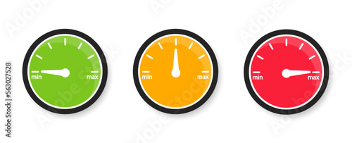 Speedometer colorful icons. Colored scale speed. Gauge meter icons. Indicator satisfaction. Green, red and yellow level dashboard with arrows. Vector illustration.
