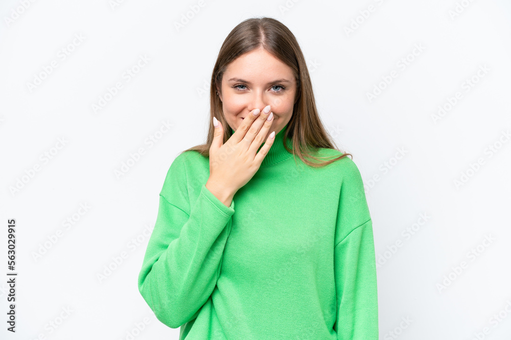 Young beautiful blonde woman isolated on white background happy and smiling covering mouth with hand Young beautiful blonde woman isolated on white background happy and smiling covering mouth with hand