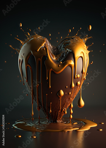 Brown chocolate heart melting. Golden creamy liquid dripping, oozing, splashing from it. Valentine's day concept. Ai generative