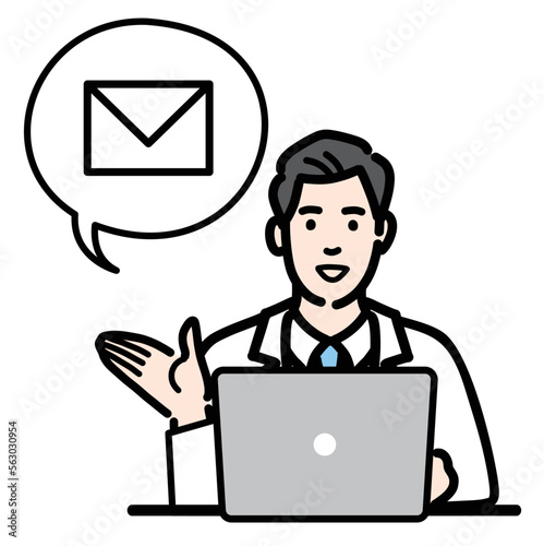 ラップトップの前でメールの説明をしている白衣を着た若い男性医師
