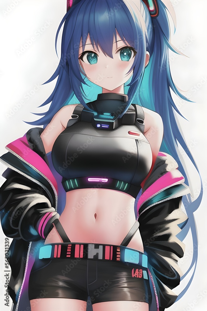 Cute anime cyberpunk girl standing in front of a white background ...