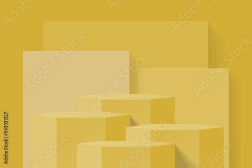 Abstract gold 3d background in studio room. Realistic 3d hexagon podium stand with rectangle square geometric shape background. render in minimal wall scene for mockup or product display stand.