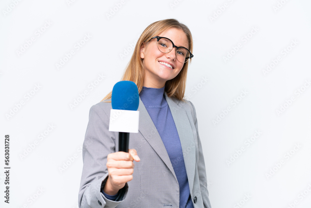 Young TV presenter caucasian woman isolated on white background with happy expression Young TV presenter caucasian woman isolated on white background with happy expression