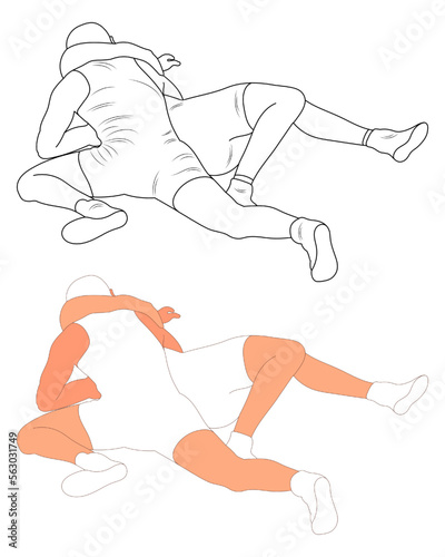 Silhouette outline athletes wrestlers in wrestling, duel, fight. Sketch line drawing greco roman, freestyle, classical wrestling.