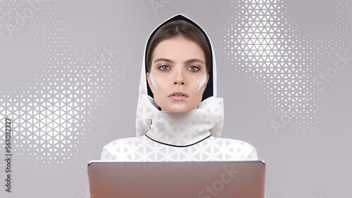 girl in white futuristic clothes at the computer strong face, green eyes digital Technology Artificial intelligence Space for text