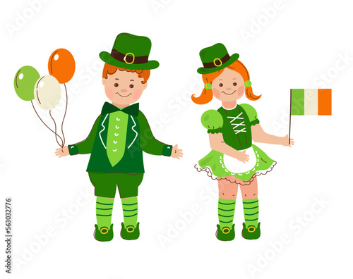Boy and girl in Irish costumes. St. Patrick's Day.Vector doodle cartoon set illustration.