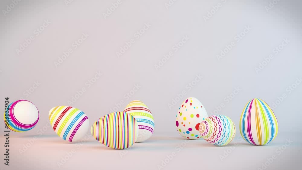 Frohe Ostern - 7 farbenfrohe, bemalte Ostereier auf hellem Hintergrund - Frohe Ostern - Oster - Loop